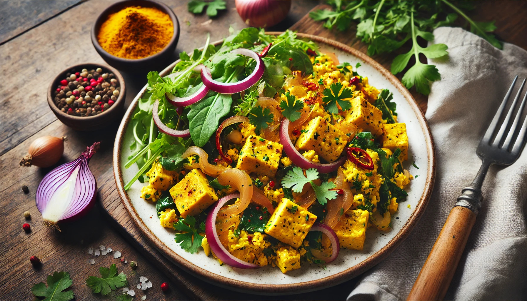 비건 두부 스크램블 - 터메릭, 후추, 양파가 들어간 두부 스크램블