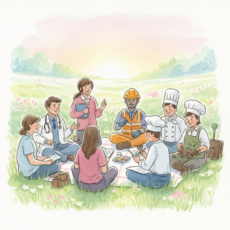 평화로운 공원에서 휴식을 취하는 사람들의 수채화 장면