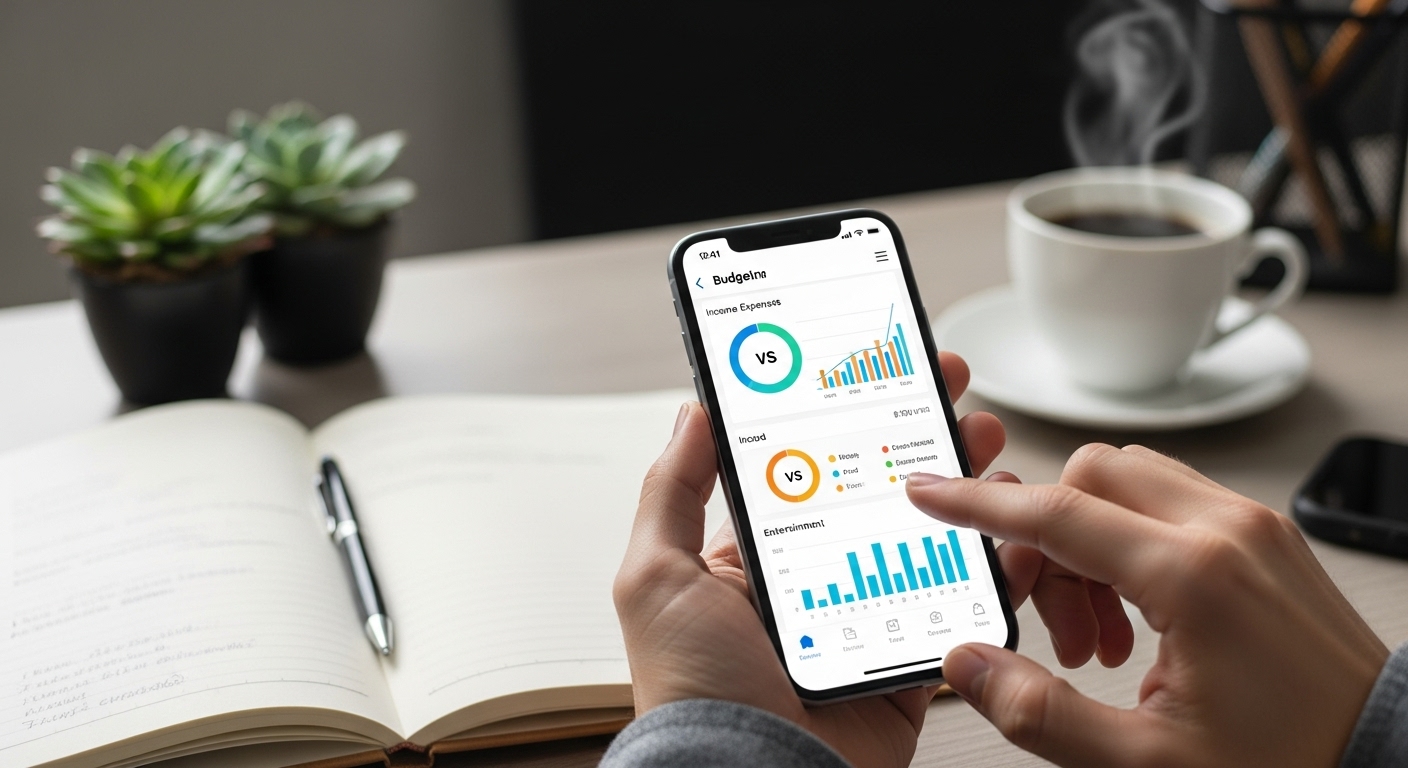 스마트폰 가계부 앱으로 수입과 지출 내역을 확인하고 있는 모습.