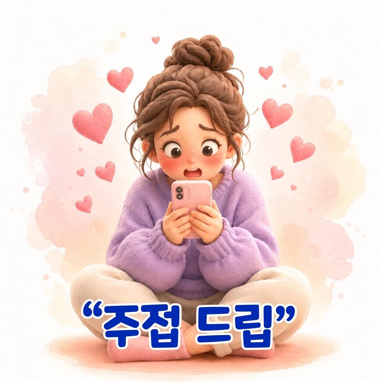 주접떨다 뜻을 설명하는 블로그 썸네일 이미지, 스마트폰을 들고 설레는 표정의 여성 일러스트