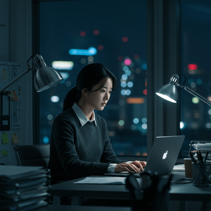 늦은 밤까지 업무를 보고 있는 직장 여성 모습