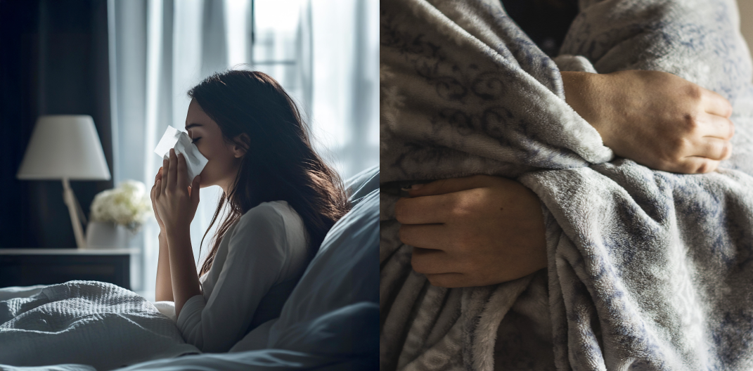 감기 증상으로 면역력이 약해진 여성이 방 안에서 휴식을 취하고 있는 모습