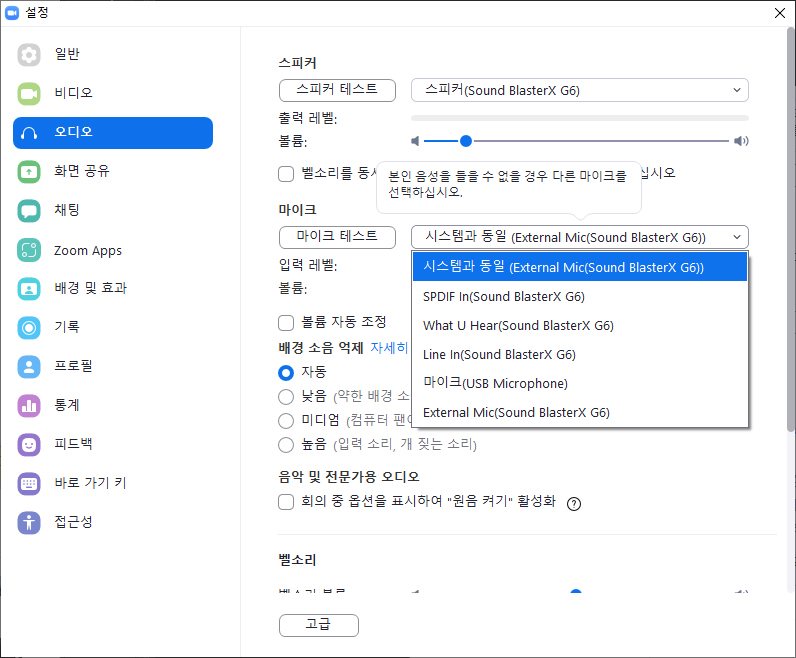 ZOOM 오디오 설정 사진