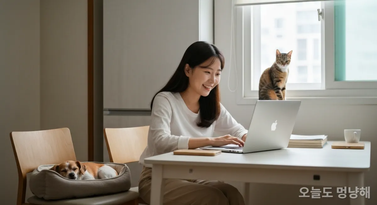 1인 가구 여성이 노트북을 보며 강아지와 고양이와 함께 집에서 휴식하는 모습