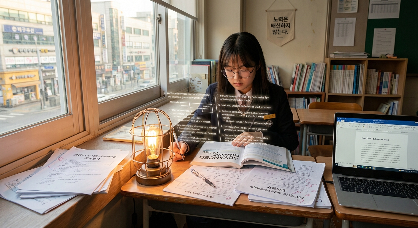 고2 영어 모의고사 어법 기출 9개년 정리 자료를 공부하며 집중하는 학생의 모습