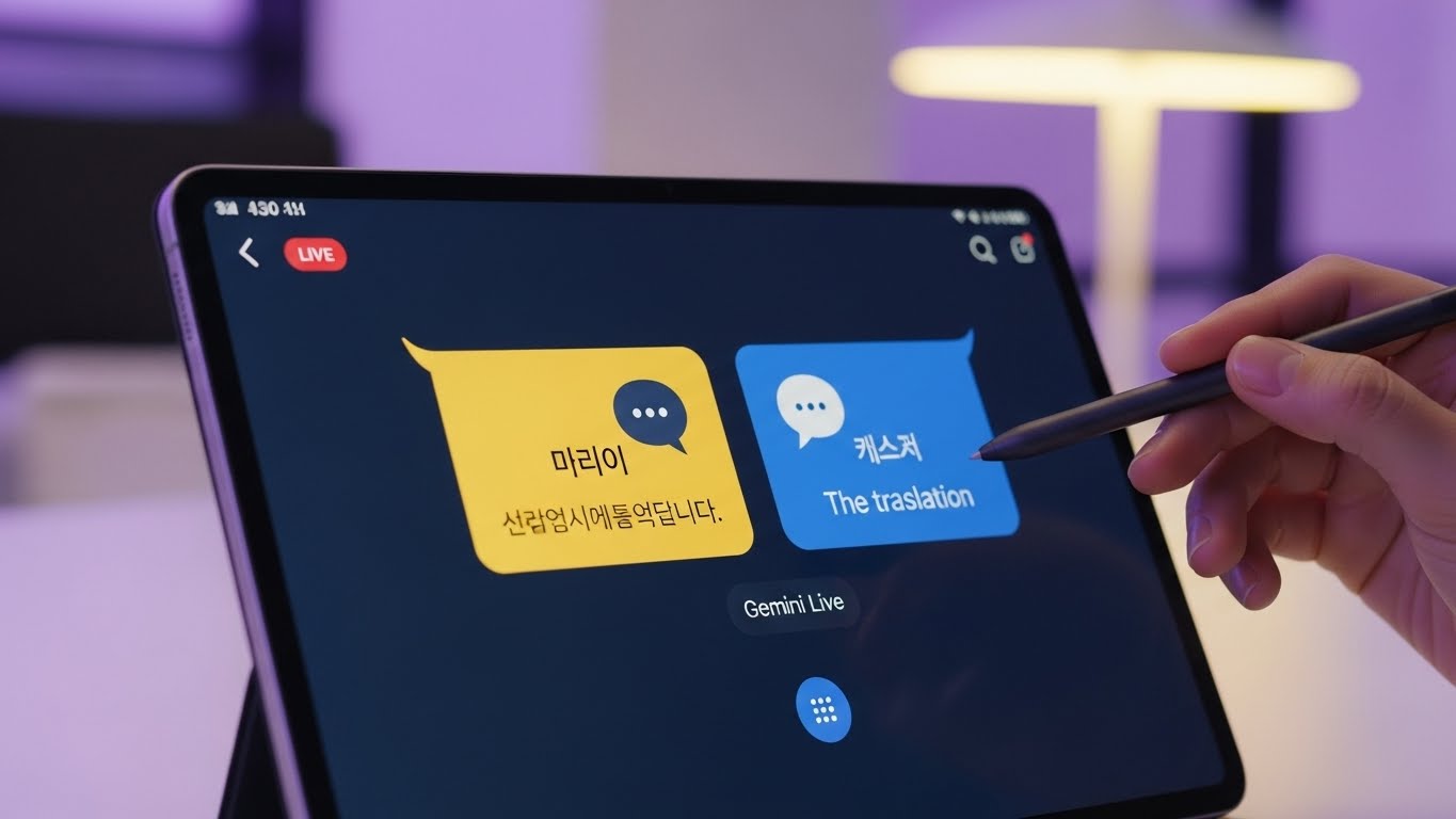 삼성 갤럭시 탭 S11 울트라 화면을 클로즈업하여 한국어와 영어로 된 두 개의 말풍선이 나란히 있는 실시간 대화를 표시한 것으로, 제미니 라이브의 실시간 번역을 나타냅니다.