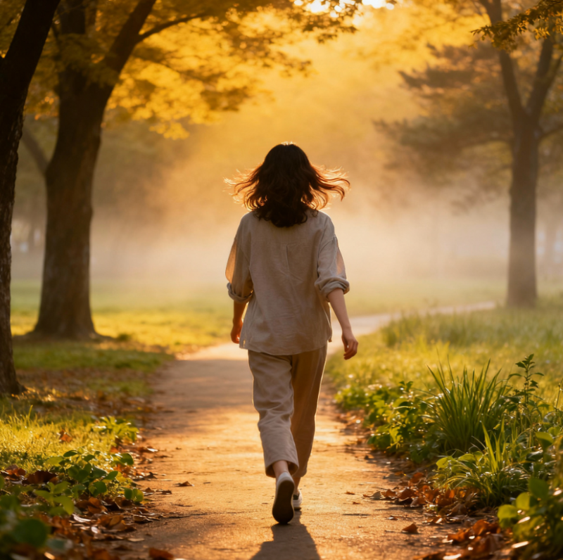 임신 준비 중 아침 햇살 속 공원을 산책하는 여성, 건강한 식습관과 운동을 통한 임산부 건강관리 이미지