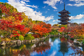 교토 기요미즈데라의 붉은 단풍의 모습