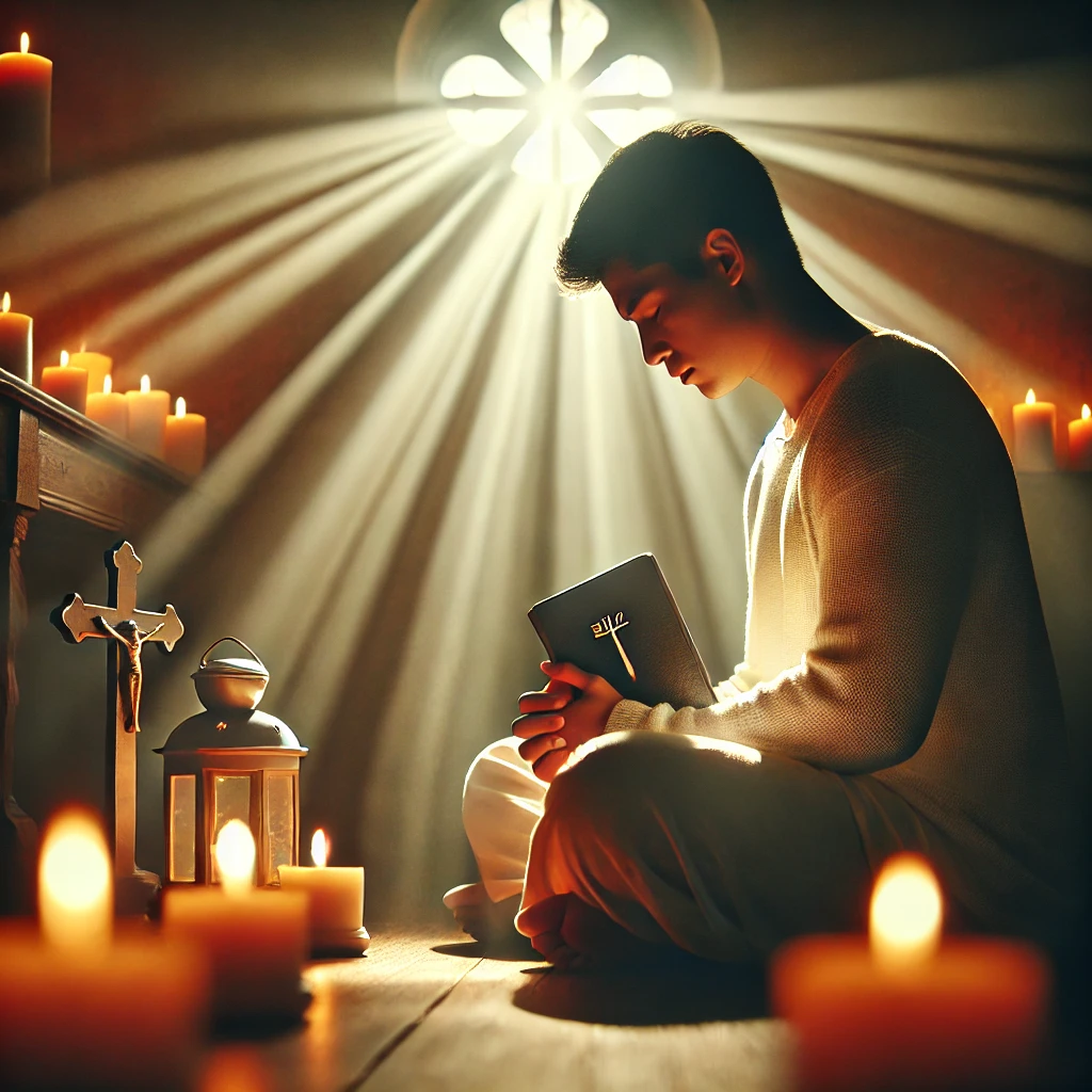 경건한 자세로 주님을 신뢰하고 찬양하며, 자신의 부족함을 인식하는 모습이 담겨 있습니다.