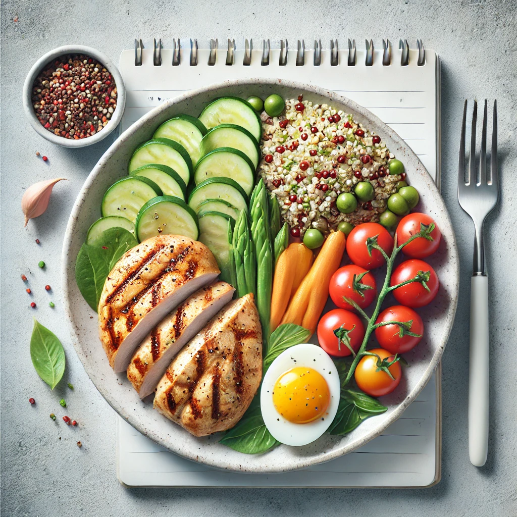 단백질과 식이섬유가 풍부한 다이어트 식단이 차려진 건강한 식탁