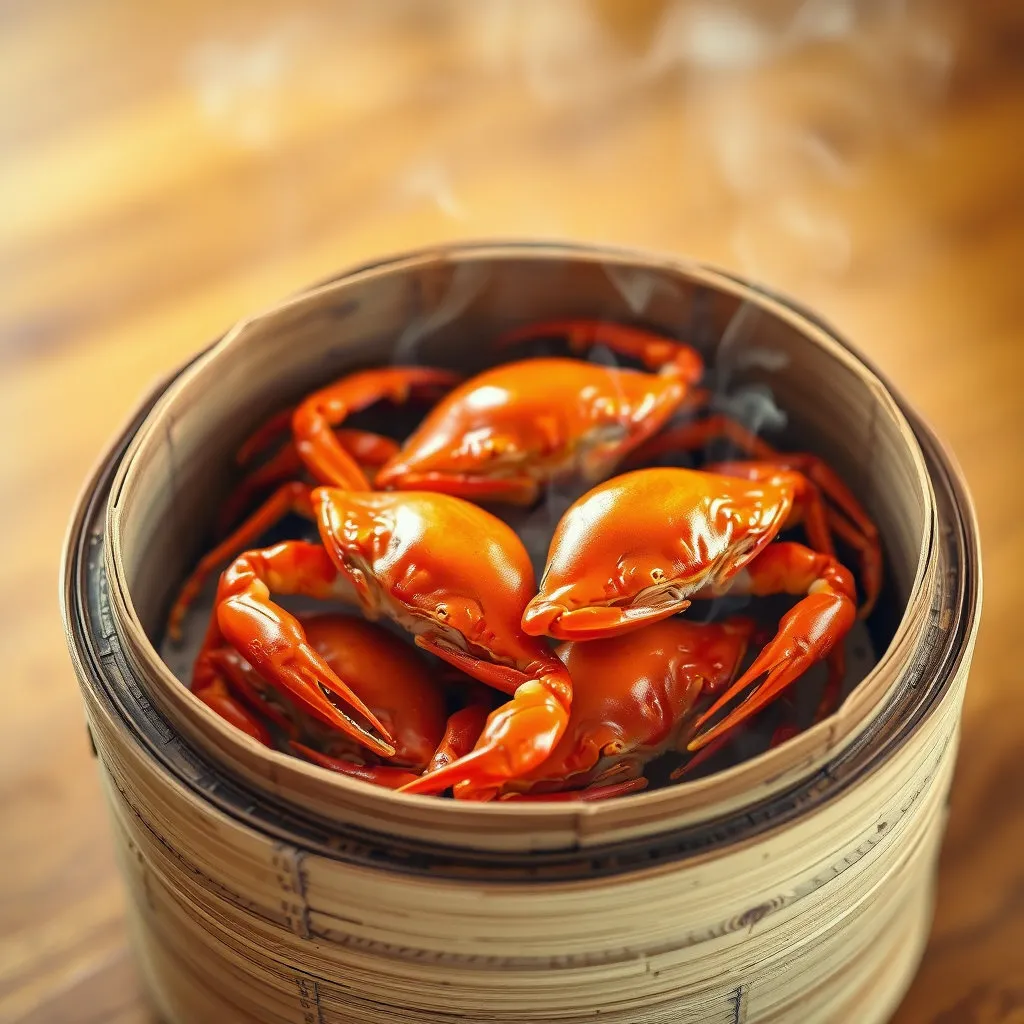 찜기 뚜껑을 열었을 때&amp;#44; 강렬한 주황색으로 잘 익은 꽃게들이 따뜻한 김 속에 있는 모습입니다. 시각적으로 맛있어 보이는 색감과 신선한 증기가 함께 담겨져 군침을 돌게 합니다. 