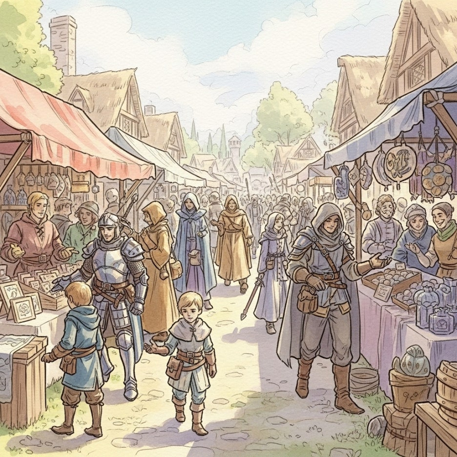 활기찬 분위기의 중세 판타지 마을 거리 풍경