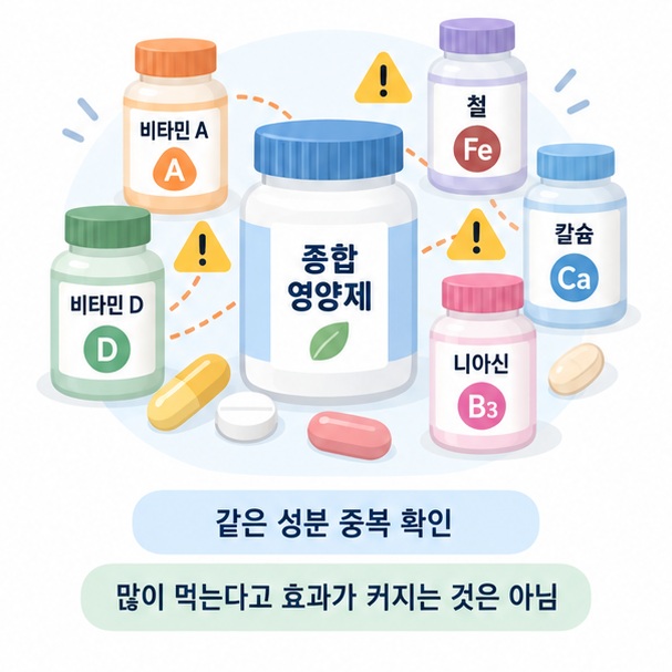 비타민 A D 철 칼슘 니아신 등 영양소 과다섭취와 중복 복용을 주의하는 이미지