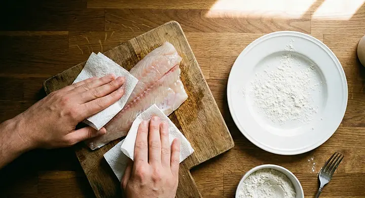 키친타월로 동태포의 물기를 눌러 제거하는 과정