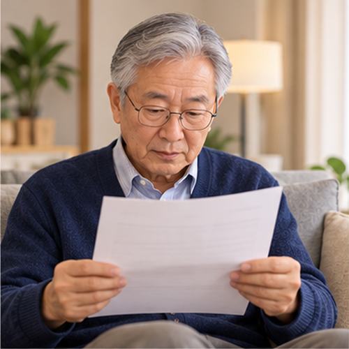 기초연금과 노령연금 중복 여부를 살피며 연금 내역서를 확인하는 어르신