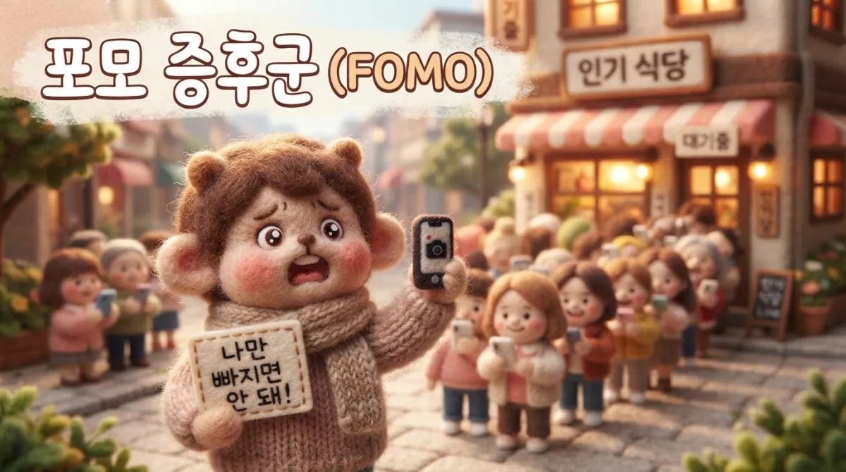 포모 증후군과 밴드웨건 효과로 줄을 서는 군중 심리를 표현한 펠트 인형 일러스트