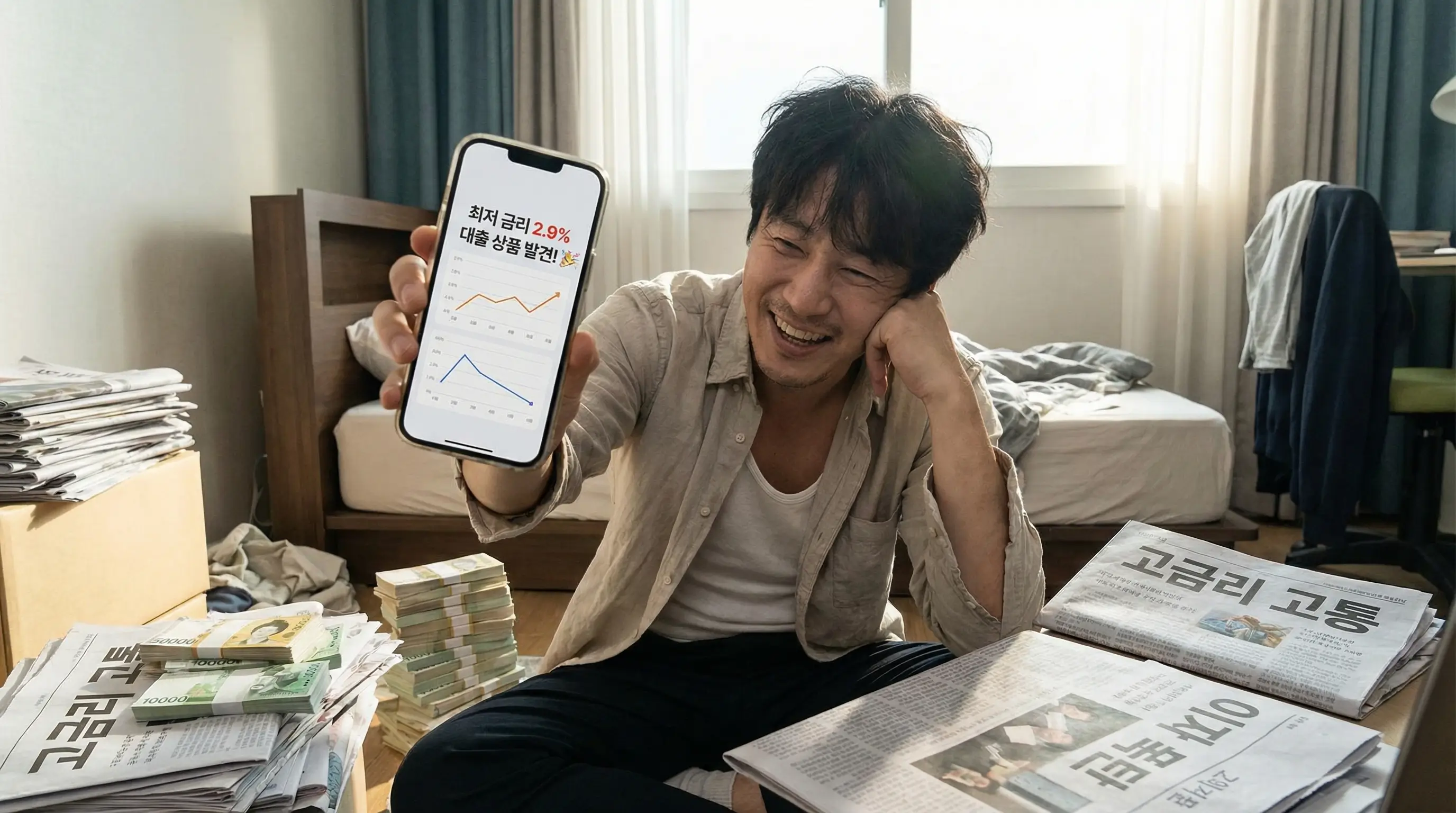 높은 금리로 고민하던 사람이 스마트폰으로 최저 금리 상품을 발견하고 안도하는 모습