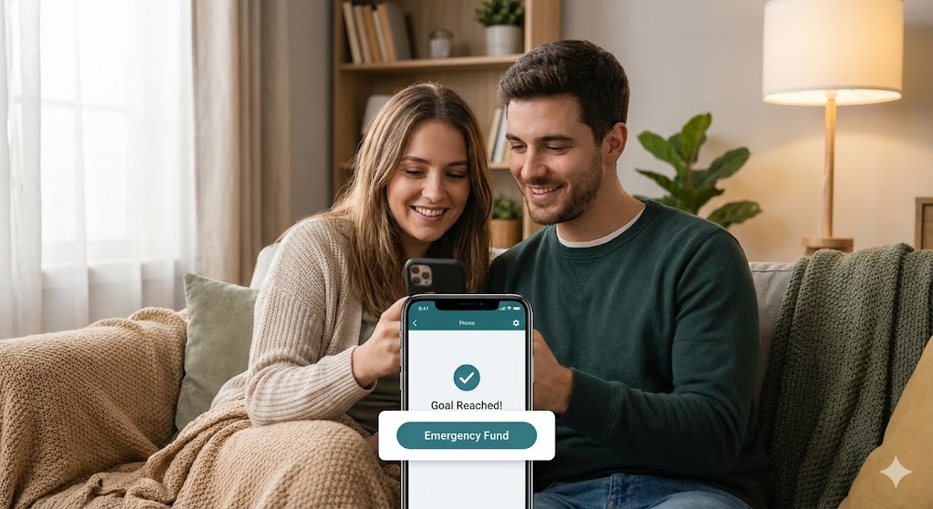 비상금 버튼을 누리면 대출이 나오는 모습 or 부부가 머리를 맞대고 전략을 짜는 모습