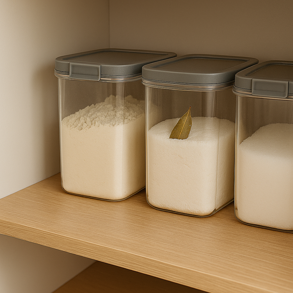 밀폐 용기에 정돈된 밀가루, 설탕, 소금과 함께 로렐잎이 들어 있는 주방 찬장