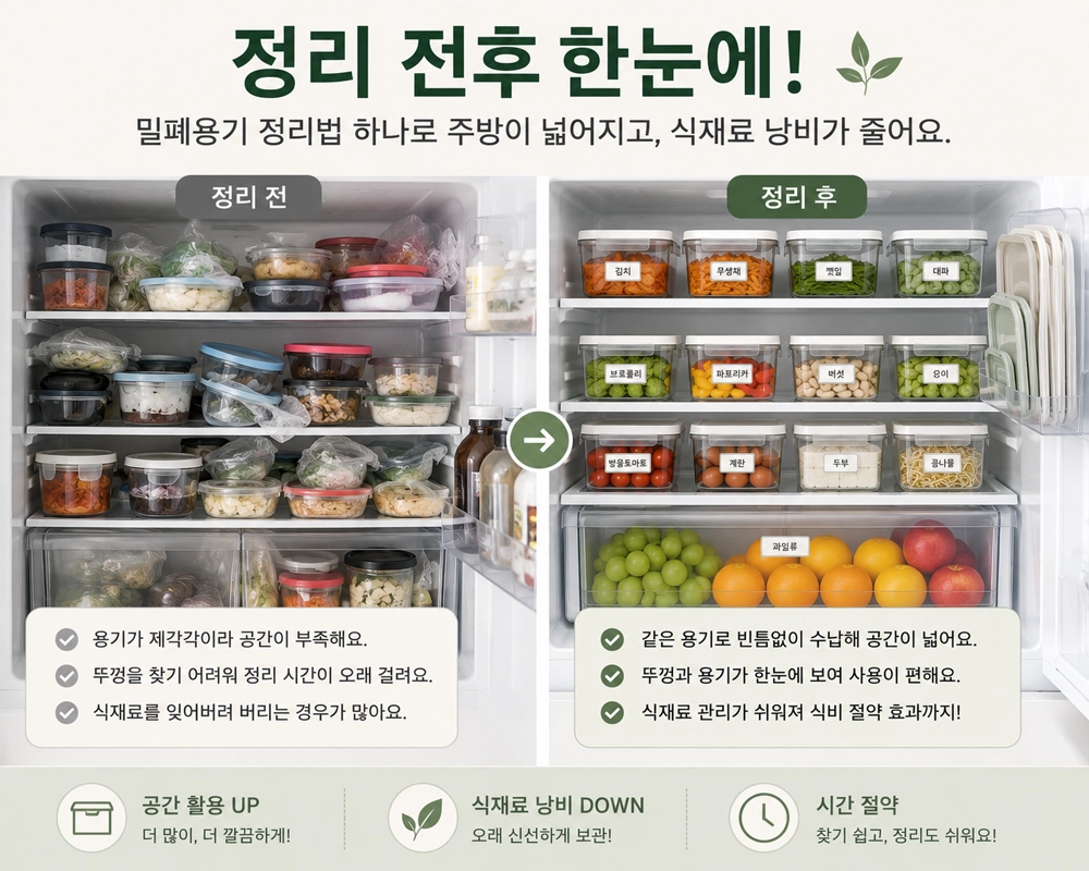 밀폐용기 정리 전과 정리 후를 비교한 냉장고 수납 이미지로 사각 밀폐용기와 라벨을 활용해 공간 활용과 식재료 관리가 개선된 모습을 보여주는 주방 정리 예시