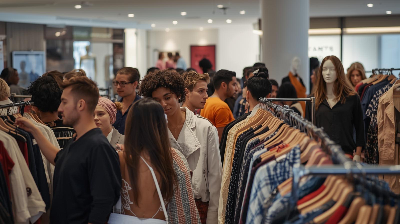 사람들이 옷 매장에서 옷을 구경하고 있습니다.