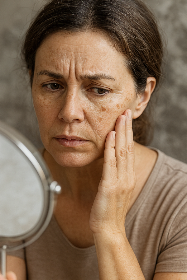갱년기로 인한 기미와 주름을 걱정스럽게 바라보는 중년 여성의 얼굴 클로즈업 이미지