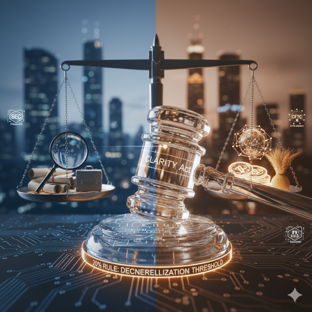 화면이 수직으로 분할되어 왼쪽은 차가운 푸른색 야경을, 오른쪽은 따뜻한 주황색 노을 배경을 보여줘요. 중앙에는 투명한 유리 재질의 판사봉이 놓여 있고 그 뒤로 균형을 잡고 있는 저울의 실루엣이 보여요. 하단에는 20% RULE: DECENTRALIZATION THRESHOLD라는 문구가 회로 기판 패턴 위에서 원형으로 빛나고 있는 클로즈업 이미지에요.