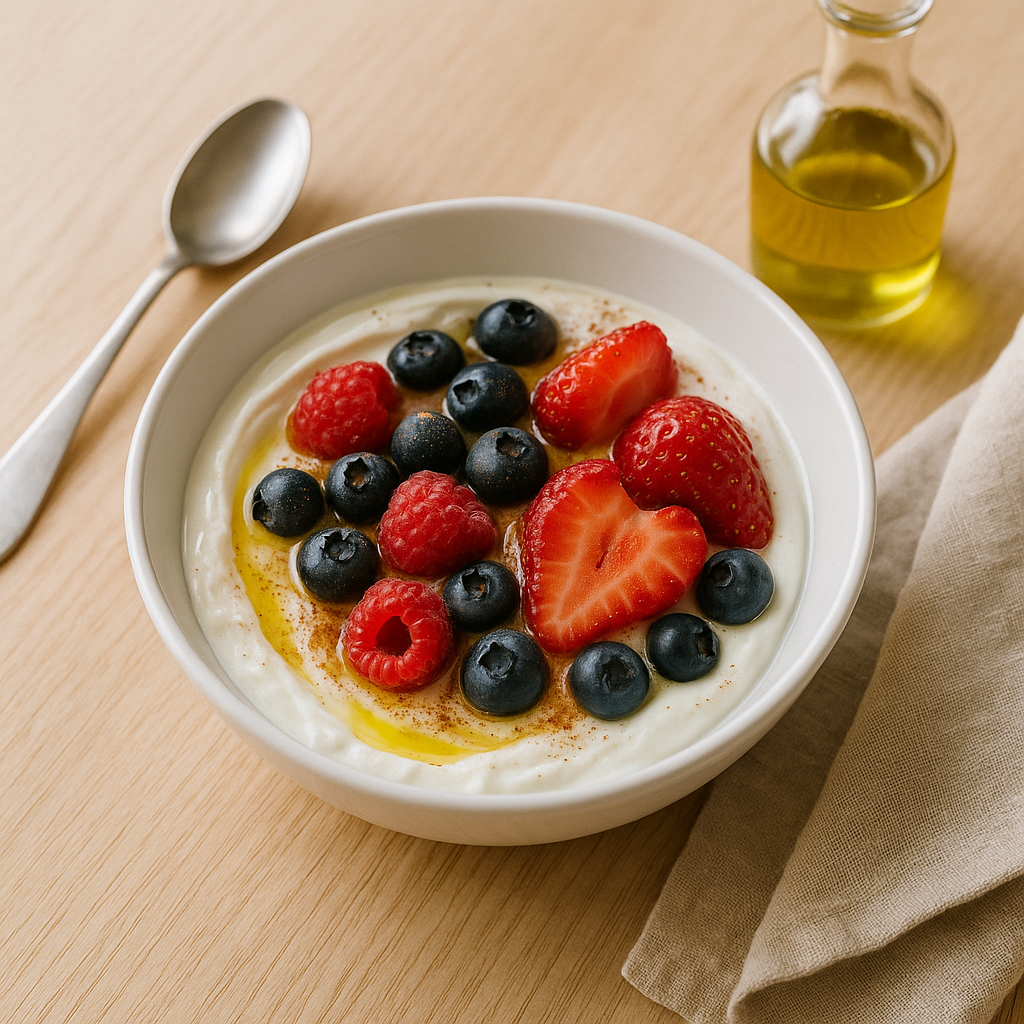 alt="그릭요거트에 블루베리, 딸기, 라즈베리가 올라간 건강한 아침 식사 ❘ Healthy breakfast bowl of Greek yogurt topped with blueberries, strawberries, and raspberries"