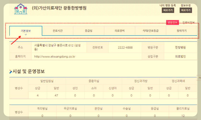 검색된 병원정보화면