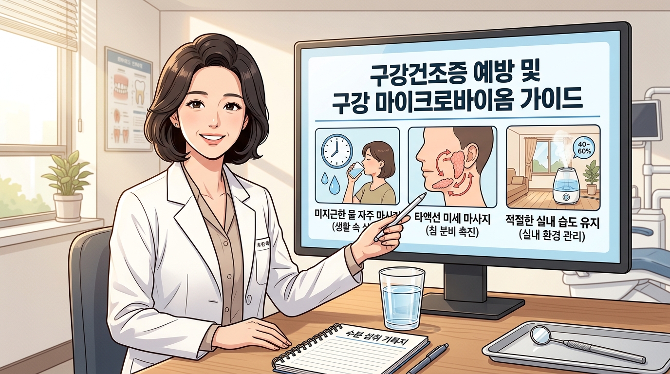 밝고 청결한 대학병원 구강내과 진료실에서 보건 의학 전문가 선생님이 대형 인포그래픽 모니터를 가리키며 가혹한 알코올 가글 오용이 유발하는 타액 분비 저하 및 만성 치주염 악화 메커니즘을 조목조목 설명하고, 입안 건조함 방지법 수칙과 구강 건조증이 불러오는 입 냄새와 잇몸 질환 예방 가이드에 대한 해답으로 올바른 수분 코팅 및 침샘 자극 행동 수칙을 환자에게 다정하게 안내해 주는 2D 일러스트 이미지.