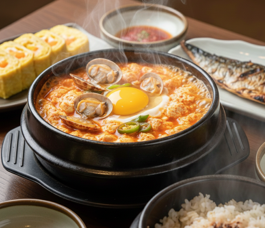 김이 모락모락 나는 뚝배기에 담긴 칼칼한 바지락 순두부찌개. 가운데 노란 계란 노른자가 올라가 있고, 주변에 바지락과 송송 썰린 고추가 곁들여진 순두부찌개가 있는 정갈한 한식 상차림 이미지.