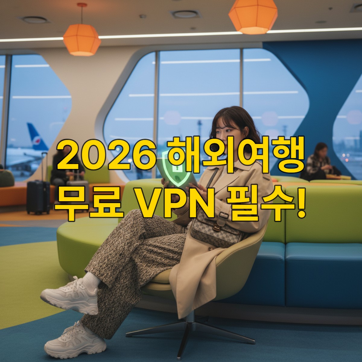 현대 한국인이 해외 공항 라운지에서 스마트폰으로 안전하게 인터넷에 접속하는 모습. 보안 잠금 아이콘이 보인다.