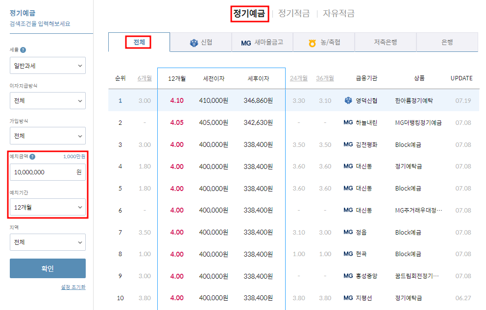 마이뱅크 정기예금 금리 비교화면