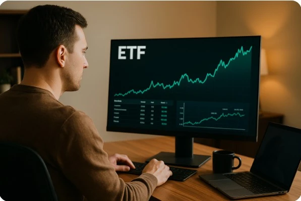 컴퓨터 모니터로 ETF 차트를 확인하는 투자자