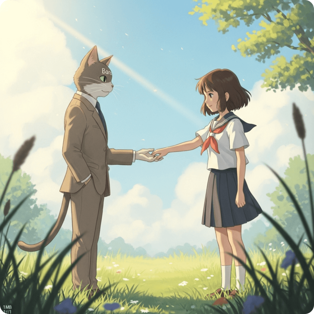 alt="고양이의 보은의 하루가 고양이 남작 바론과 마주 선 채 손을 내밀며 교감하는 장면. 햇살이 비치는 잔디밭 위에서 인간과 동물이 따뜻한 신뢰와 공존을 나누는 모습을 그린 일러스트."