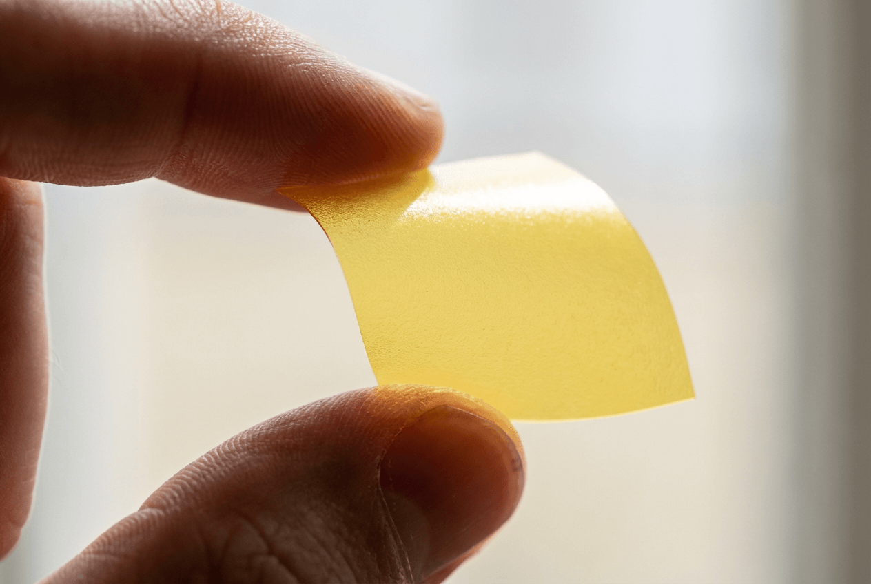 엄지와 검지 사이에 잡힌 구강용해필름(ODF) 한 장. 얇고 유연한 필름 형태가 혀 위에서 빠르게 녹는 제형의 특징을 보여줍니다.