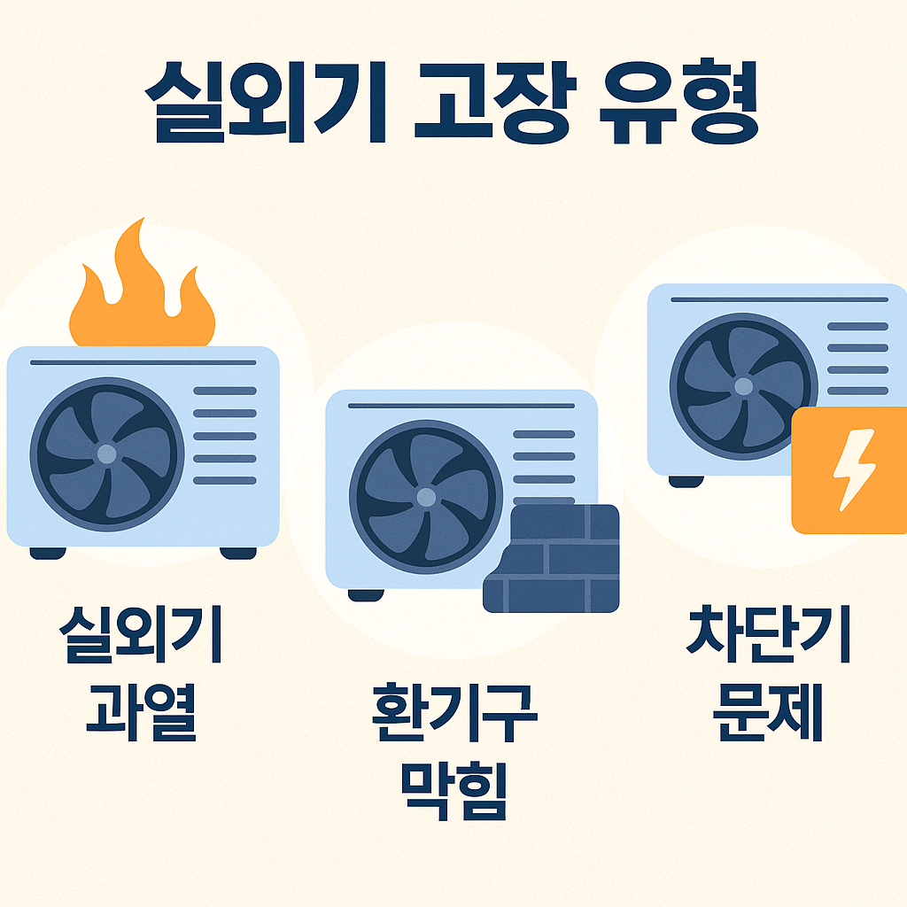 실외기 과열, 전원 차단, 통풍 불량 등 고장 유형 안내 인포그래픽