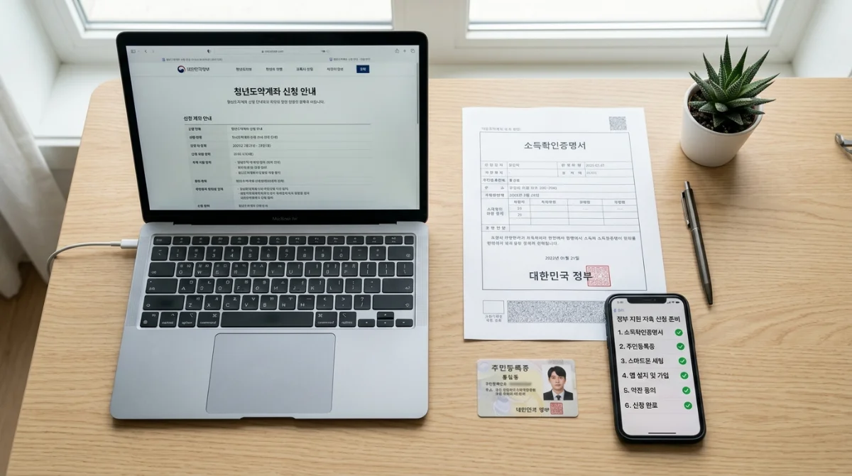 청년 미래 적금 신청을 위해 소득금액증명원과 신분증 등 필수 제출 서류를 준비해둔 책상 위 모습