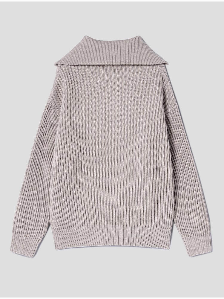 Zip Collar Ribbed Jumper - Beige 후면