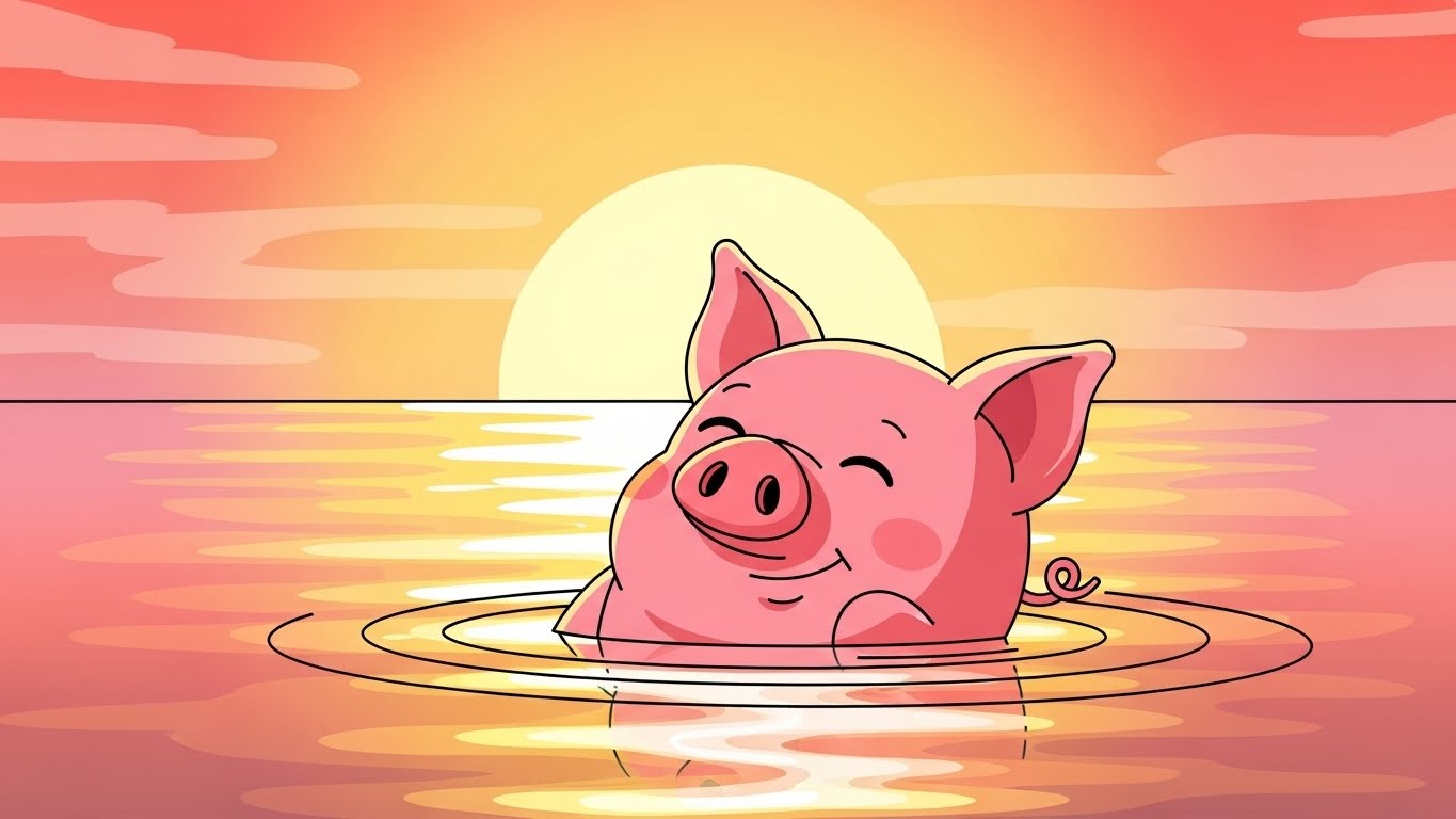 풍요로운 기운이 흐르는 황금 강물에서 여유를 만끽하며 최고의 수확을 누리는 돼지띠 캐릭터 그래픽