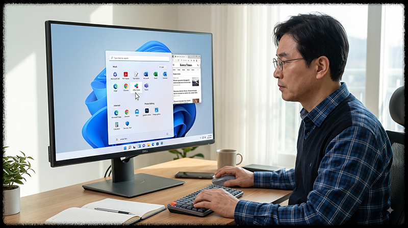 Windows 11 시작 메뉴의 고정 앱을 그룹으로 묶고 작업 표시줄 아이콘 순서를 정리하는 모습