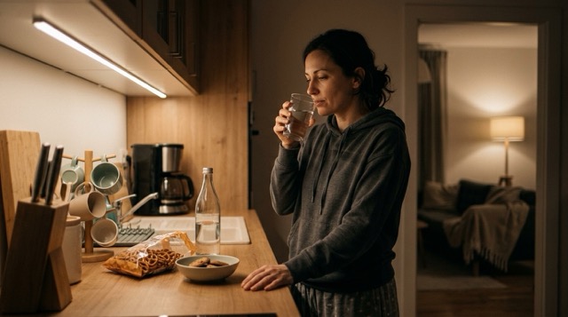 늦은 밤 야식 대신 물을 마시며 쉬는 장면 /