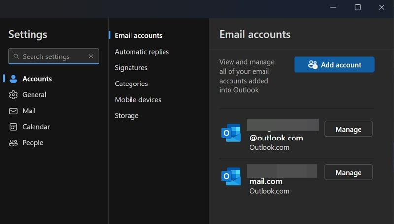 아웃룩 이메일 관리자 메뉴