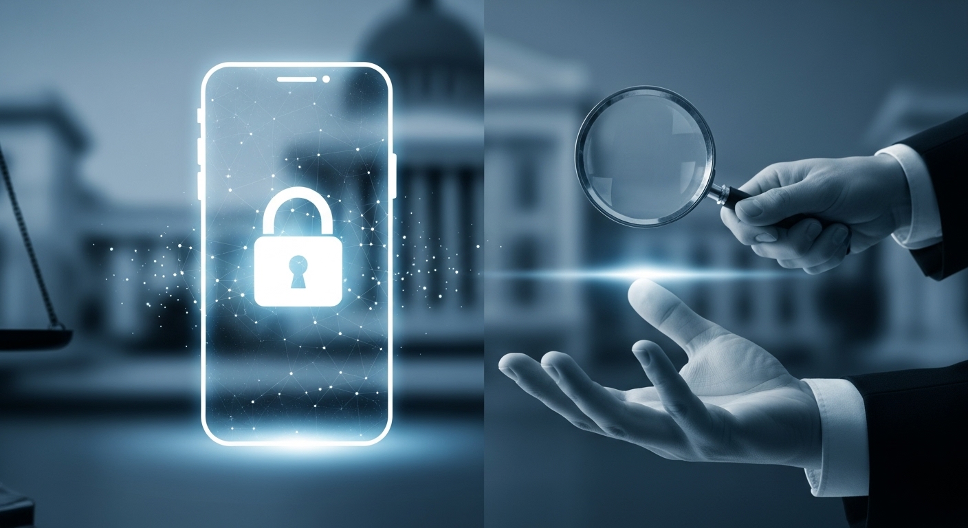 정부 투명성과 개인 사생활 보호의 충돌을 시각화한 이미지로, 잠금장치 아이콘이 있는 휴대폰과 돋보기를 든 손이 대립하는 모습입니다.