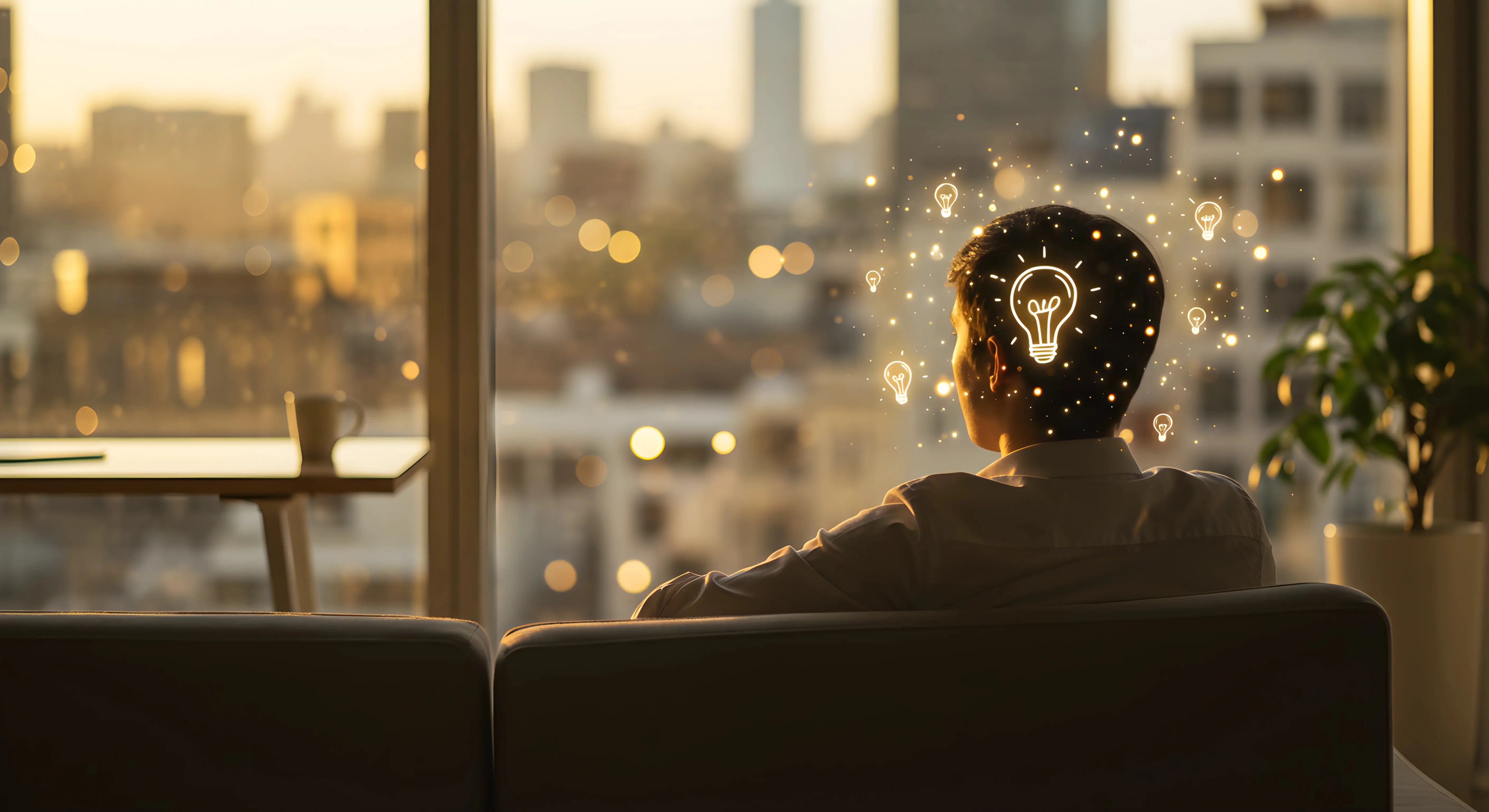 도시 전망이 내려다보이는 창가에 앉아있는 사람의 뒷모습, 머리 주변에는 아이디어를 상징하는 전구 모양의 빛나는 입자들이 떠다니며 마인드풀한 멍때리기 순간을 표현하고 있다.