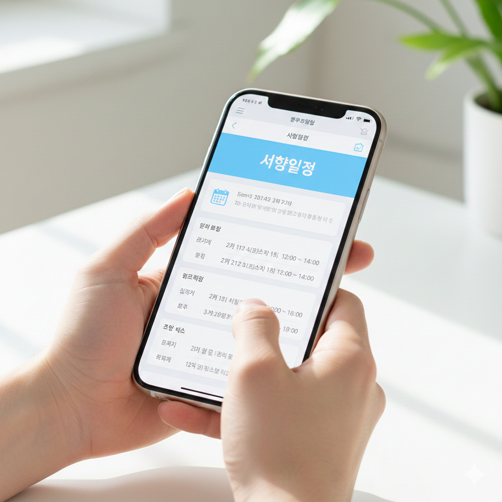 모바일 기기를 이용해 큐넷 시험 일정을 확인하고 있는 사용자의 모습