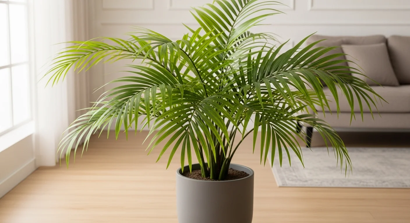 깔끔한 현대 한국 인테리어에 놓인 푸른 아레카야자 식물의 클로즈업. 신선한 공기를 제공하며 알레르기 완화에 도움을 주는 모습.