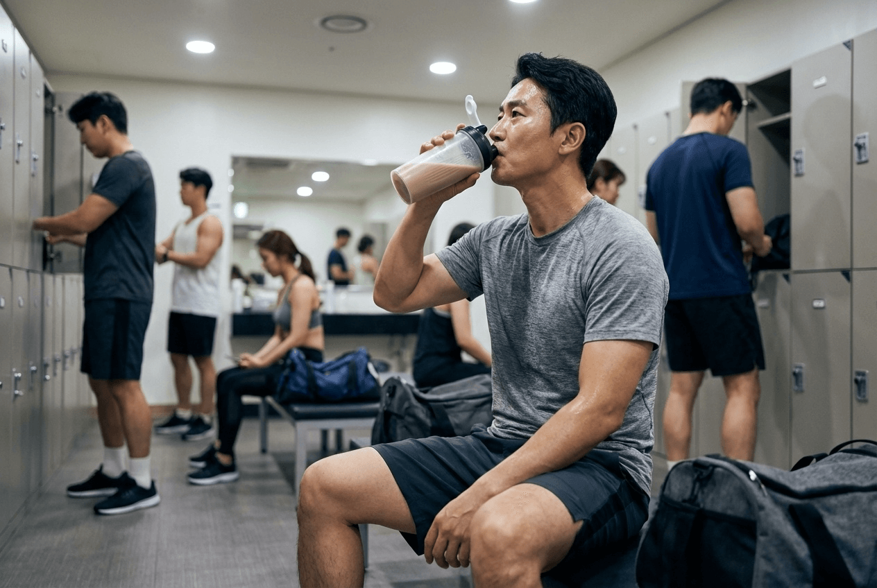 운동 후 탈의실에서 프로틴 쉐이크를 마시는 40대 한국 남성, 빠른 흡수와 근육 회복 타이밍 강조