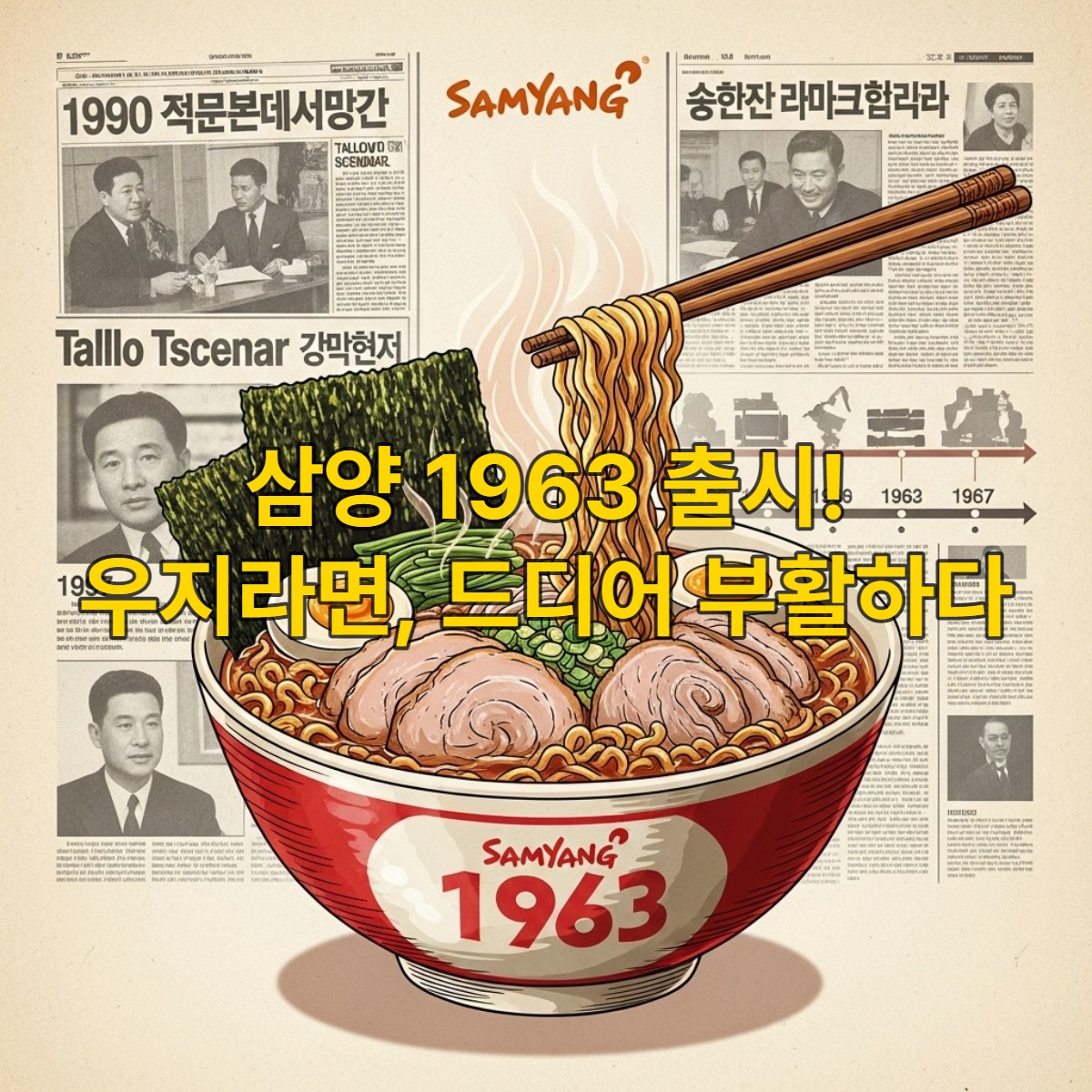 뜨거운 김이 나는 삼양 1963 라면 한 그릇과 배경에 희미하게 보이는 우지 파동 관련 신문 기사 및 삼양라면 역사 이미지, 옛 맛과 새로운 시작을 상징.