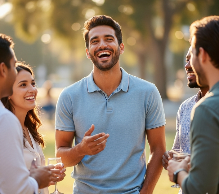 활짝 웃으며 자신감 있게 사람들과 대화하는 남성. 더 이상 체취로 고민하지 않는 듯한 표정이다.